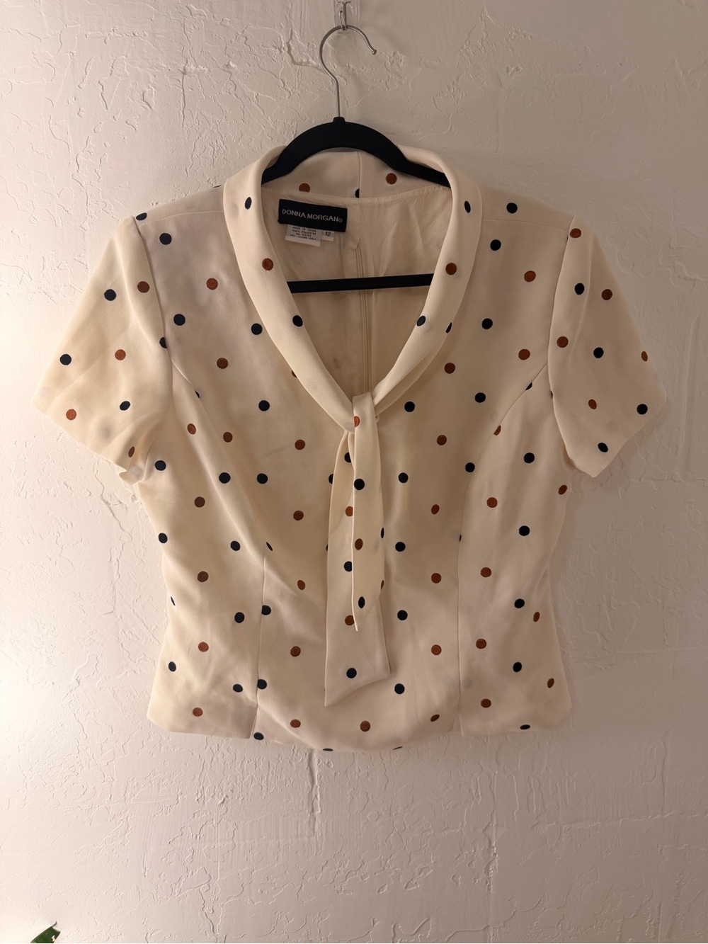 Donna Morgan Cream Polka Dot Tie-Neck Blouse